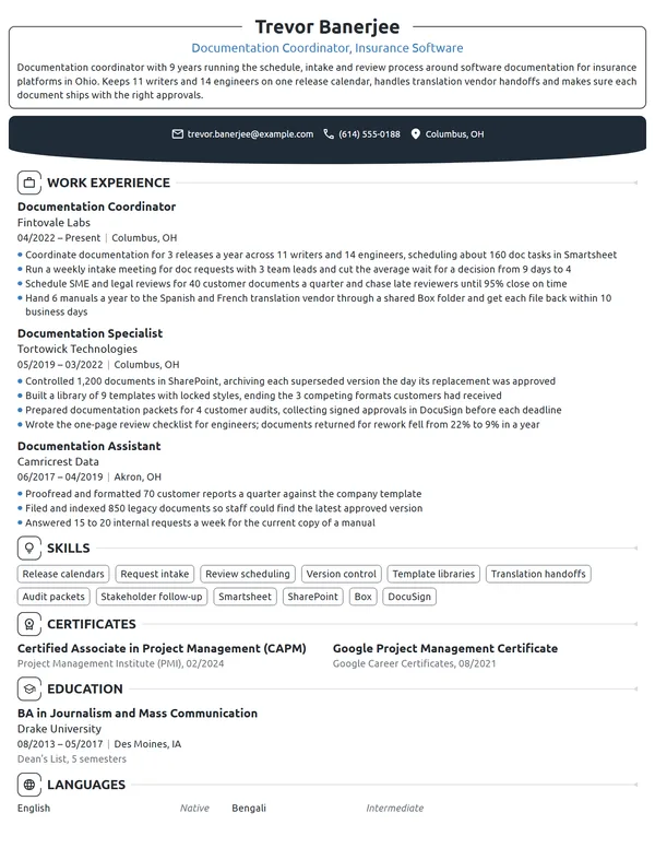 Documentation Coordinator resume example