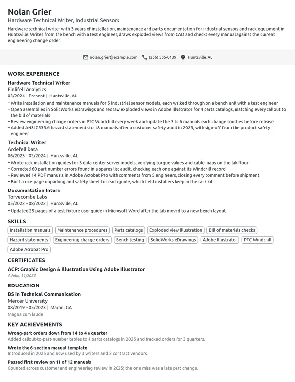 Hardware Technical Writer resume example