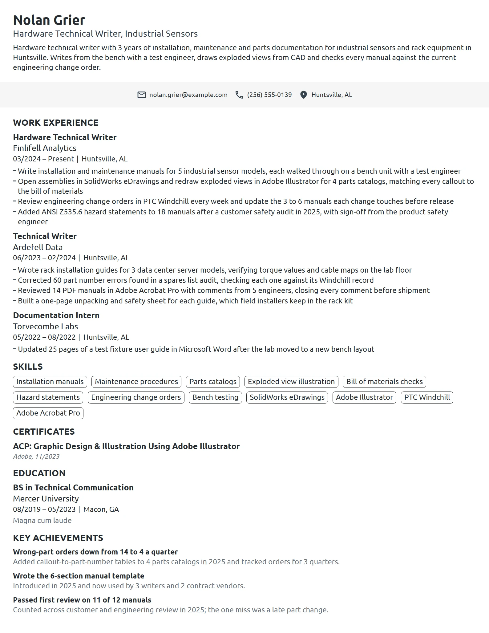 Hardware Technical Writer resume example