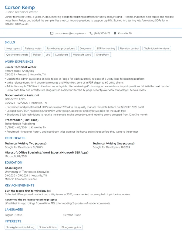 Junior Technical Writer resume example