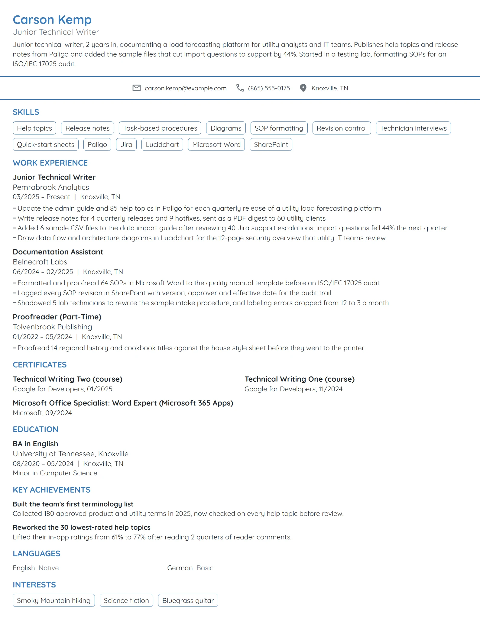 Junior Technical Writer resume example