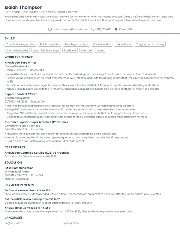 Knowledge Base Writer resume example
