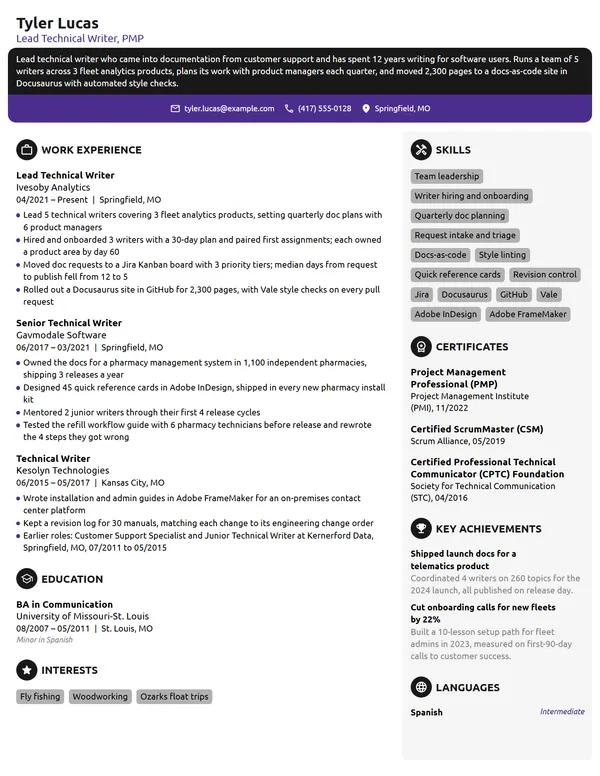Lead Technical Writer resume example
