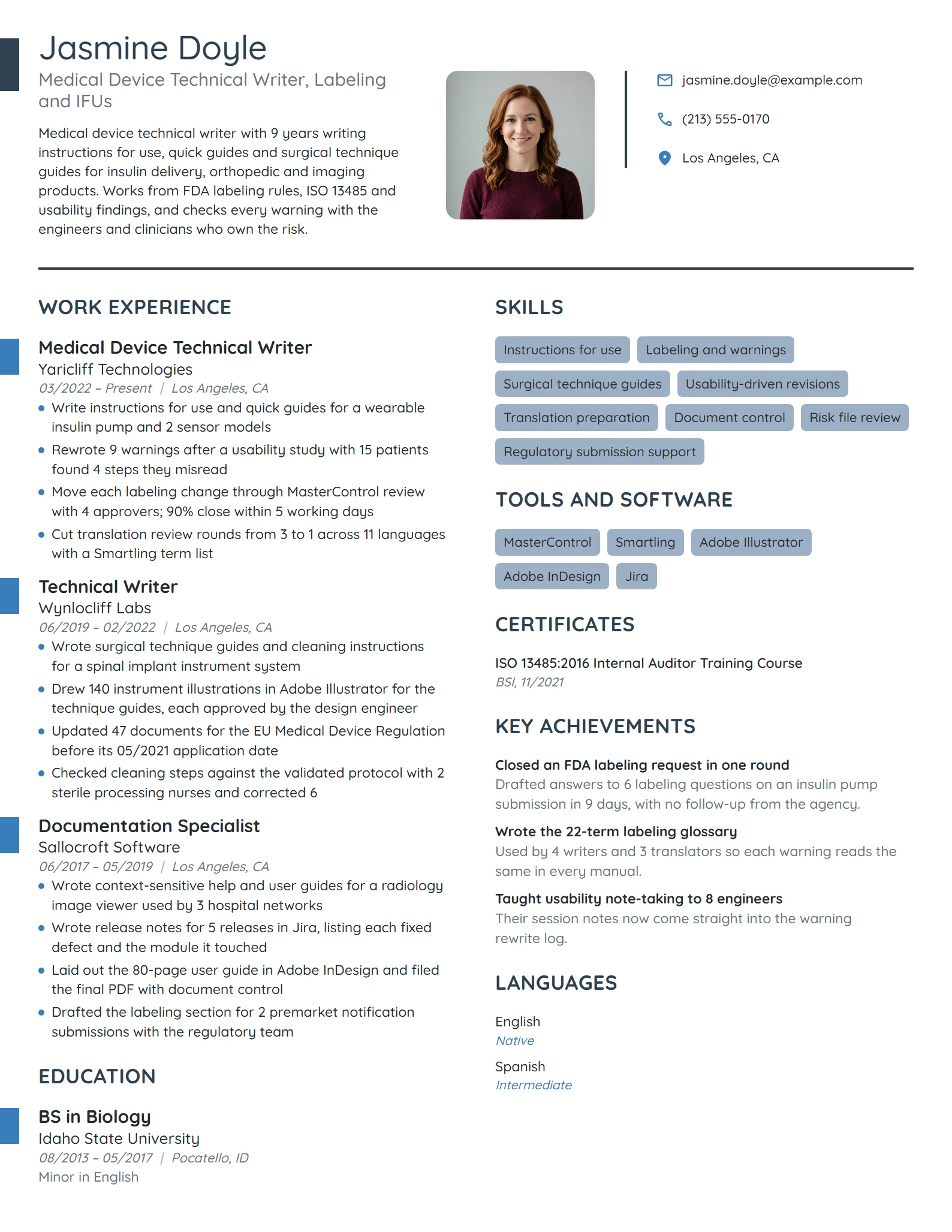 Medical Device Technical Writer resume example