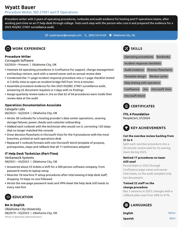 Procedure Writer resume example