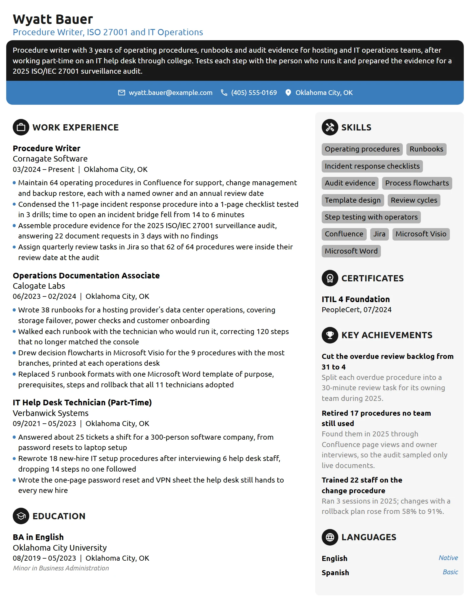 Procedure Writer resume example