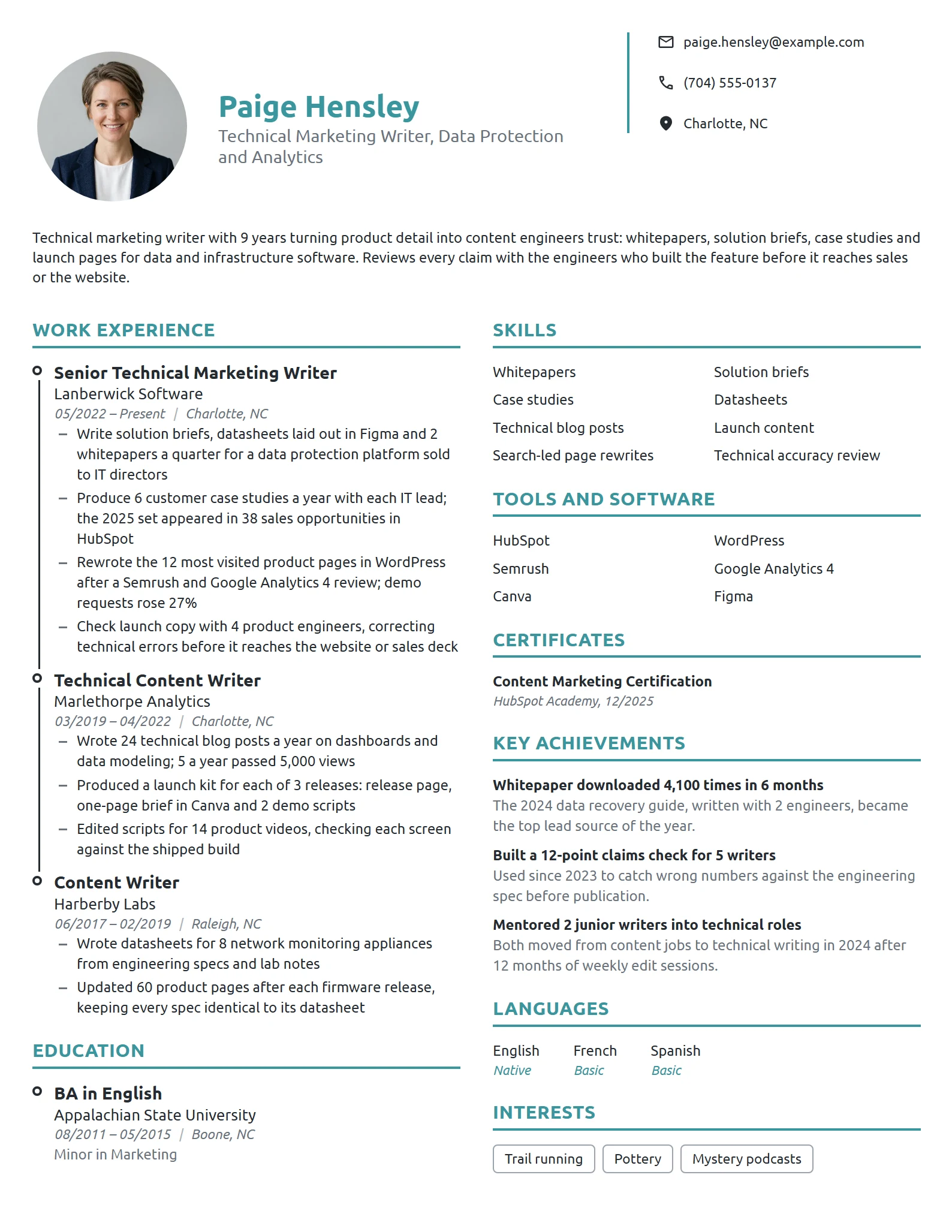 Technical Marketing Writer resume example
