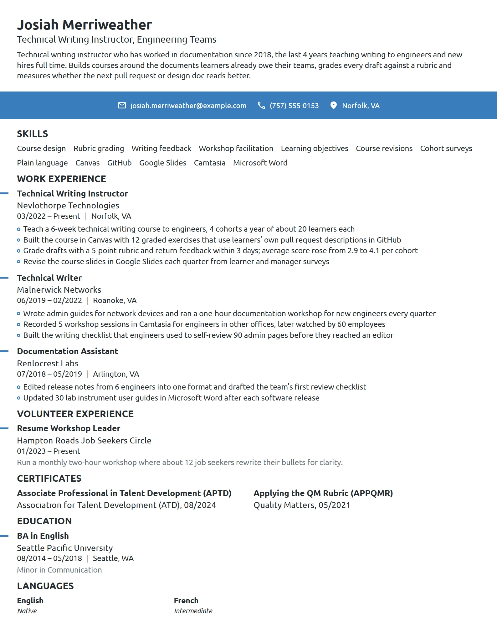 Technical Writing Instructor resume example