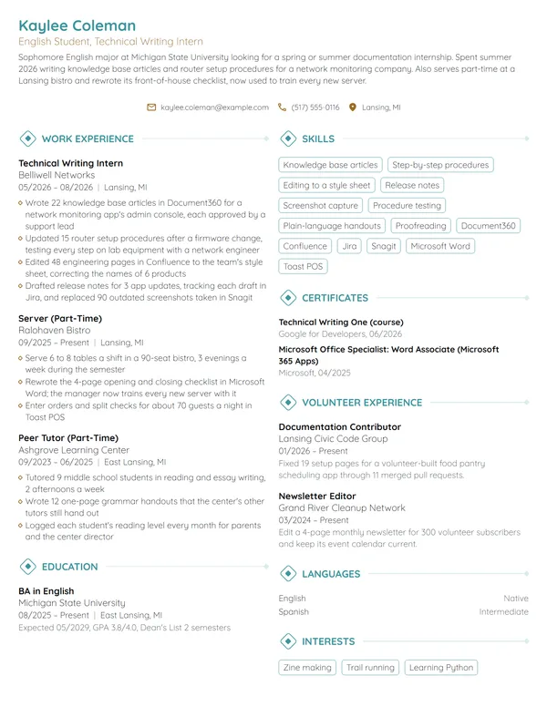 Technical Writing Intern resume example