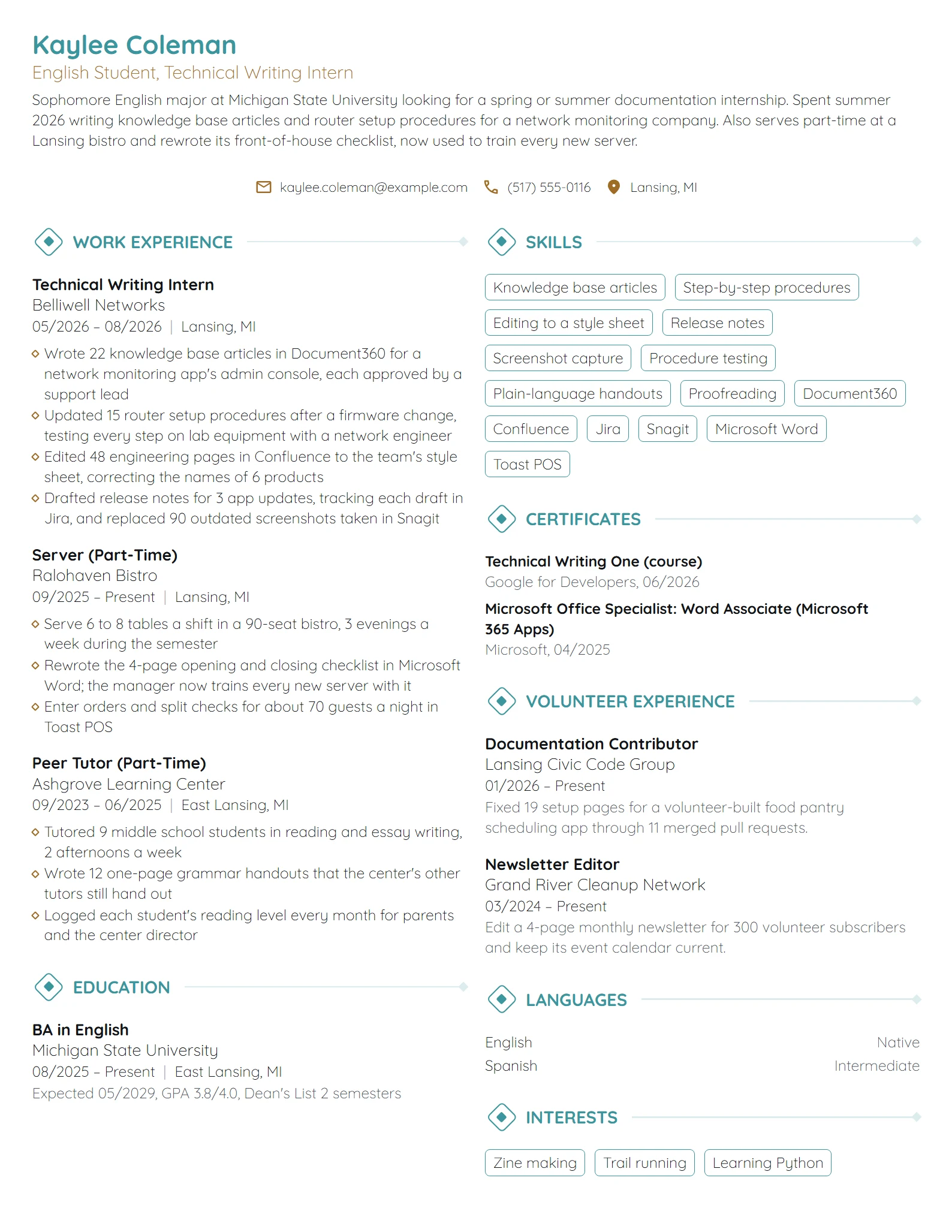 Technical Writing Intern resume example