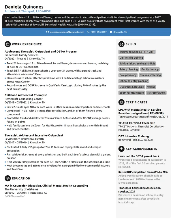 Adolescent Therapist resume example