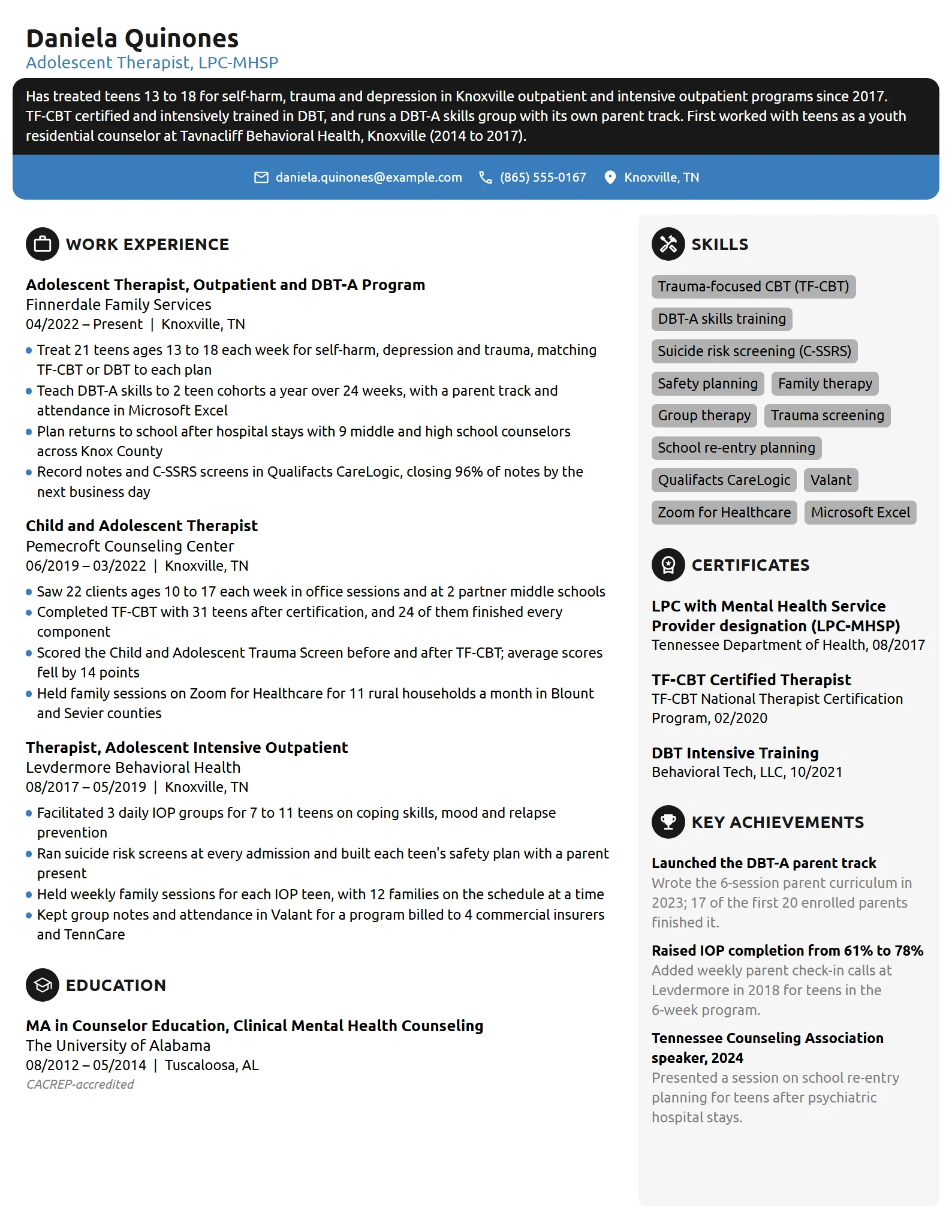 Adolescent Therapist resume example