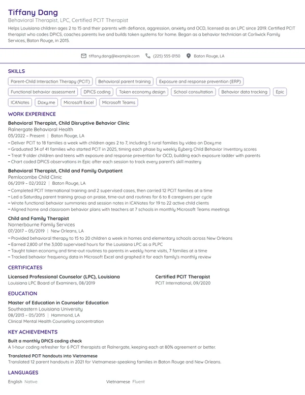 Behavioral Therapist resume example