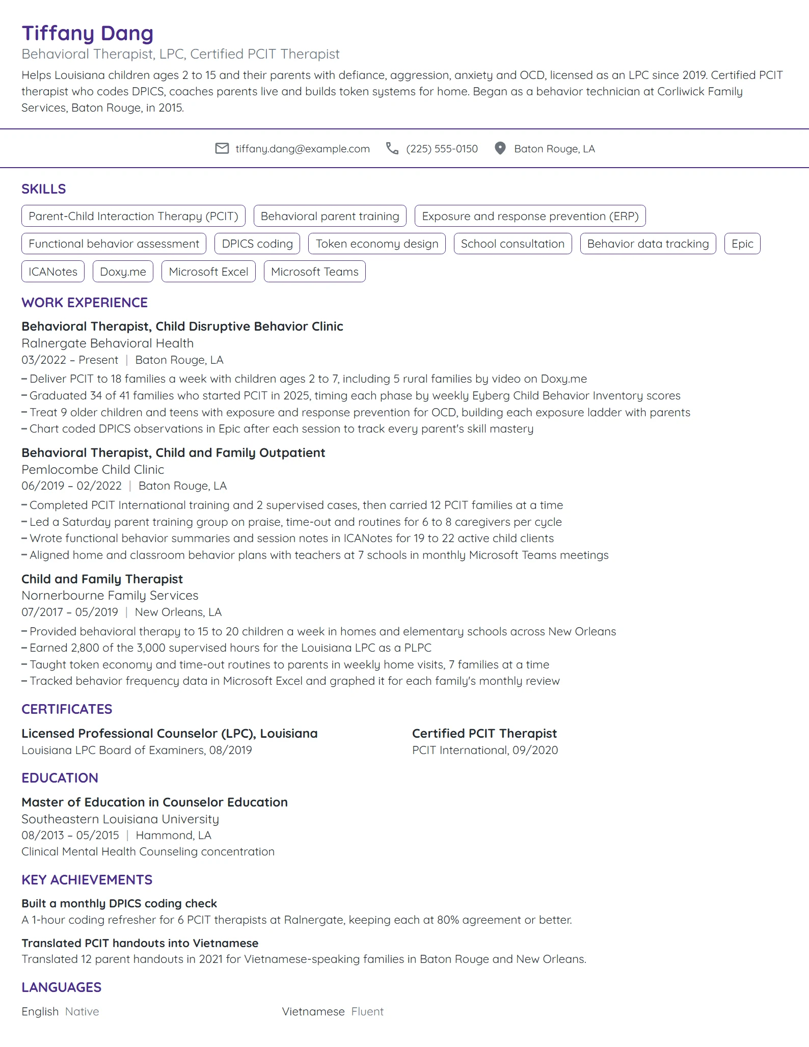 Behavioral Therapist resume example