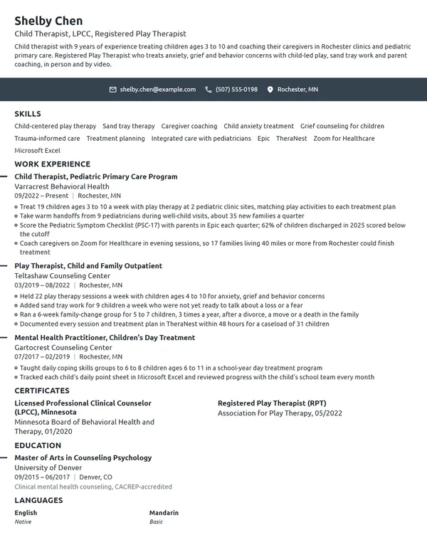Child Therapist resume example