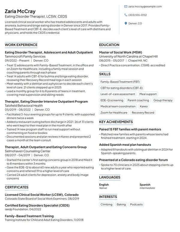 Eating Disorder Therapist resume example