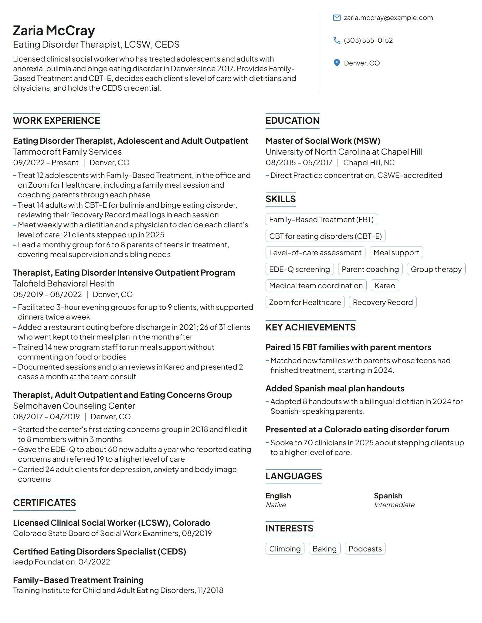 Eating Disorder Therapist resume example