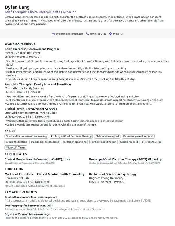 Grief Therapist resume example