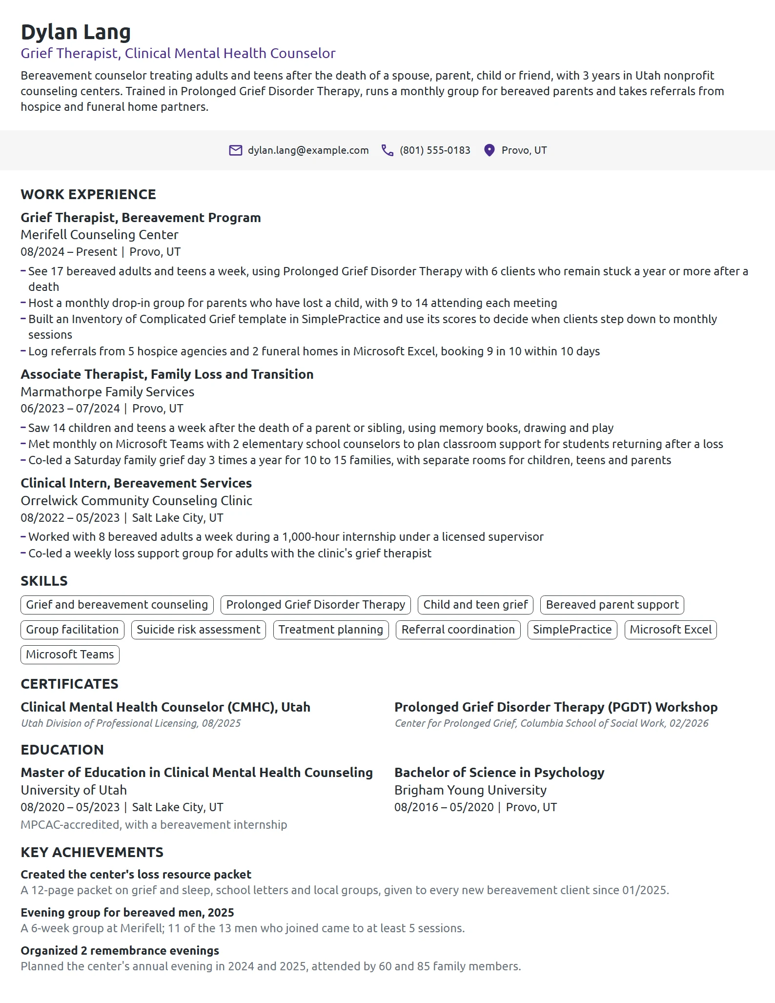 Grief Therapist resume example