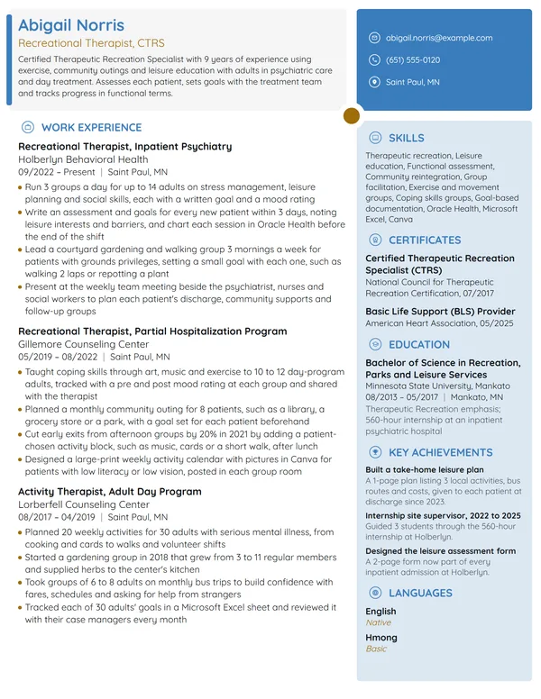 Recreational Therapist resume example