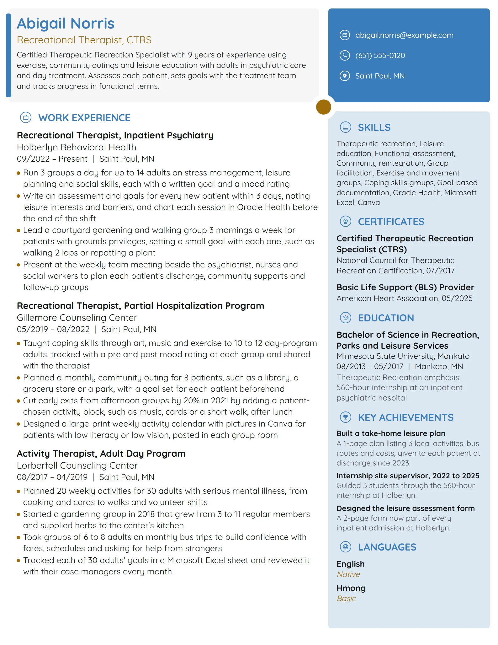 Recreational Therapist resume example