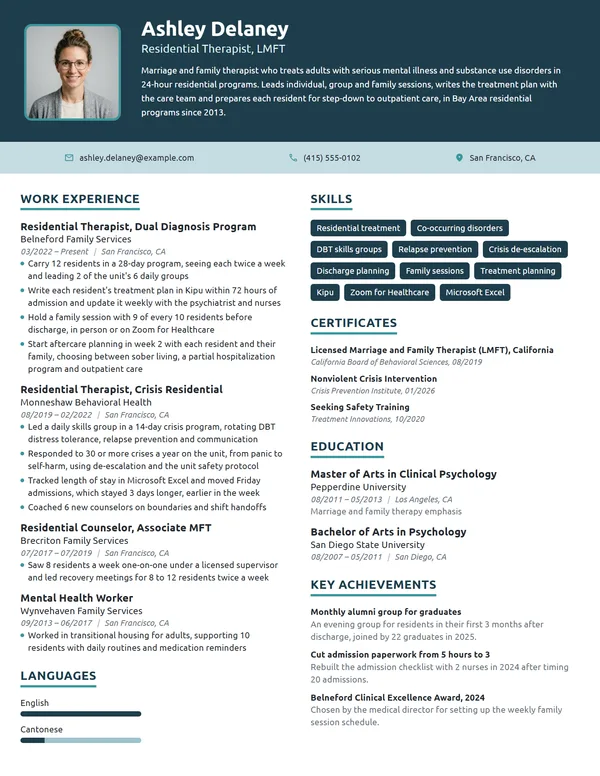 Residential Therapist resume example