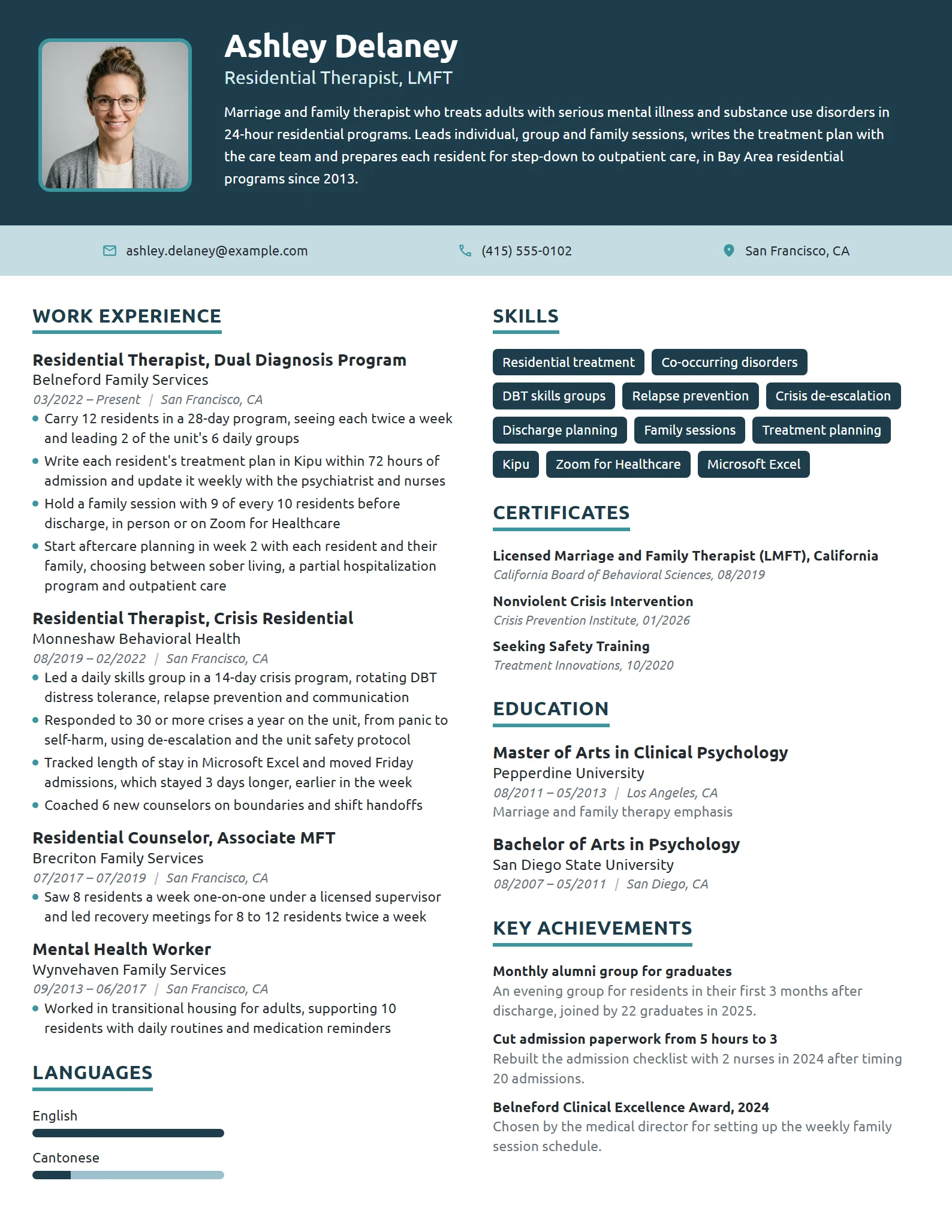 Residential Therapist resume example