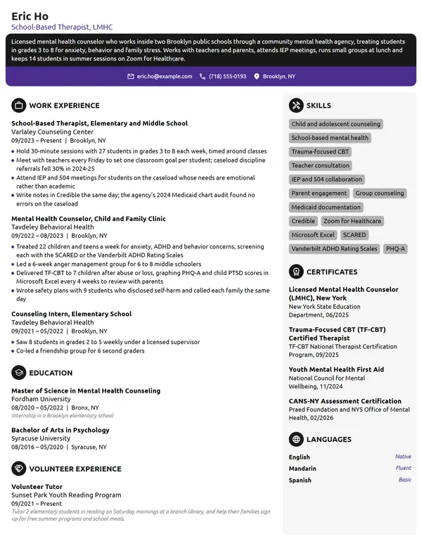 School-Based Therapist resume example