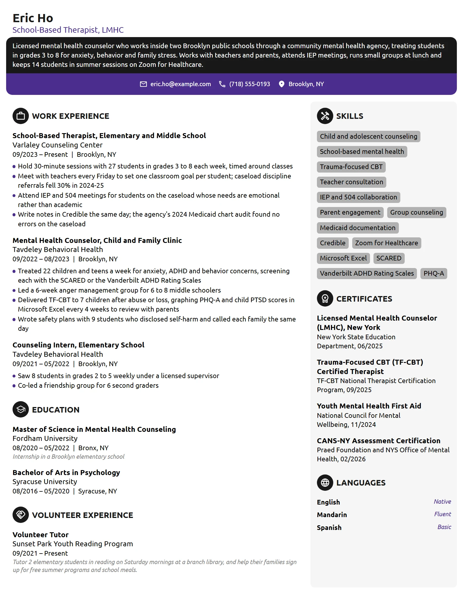 School-Based Therapist resume example