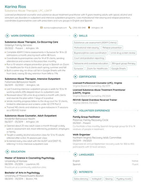 Substance Abuse Therapist resume example