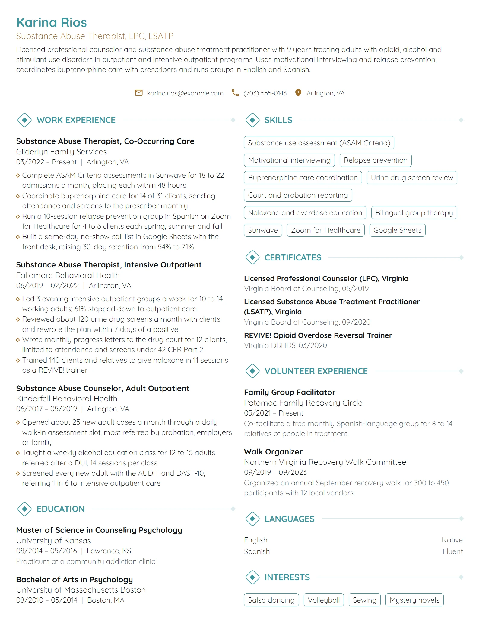 Substance Abuse Therapist resume example