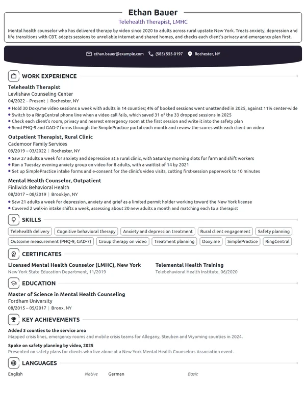 Telehealth Therapist resume example