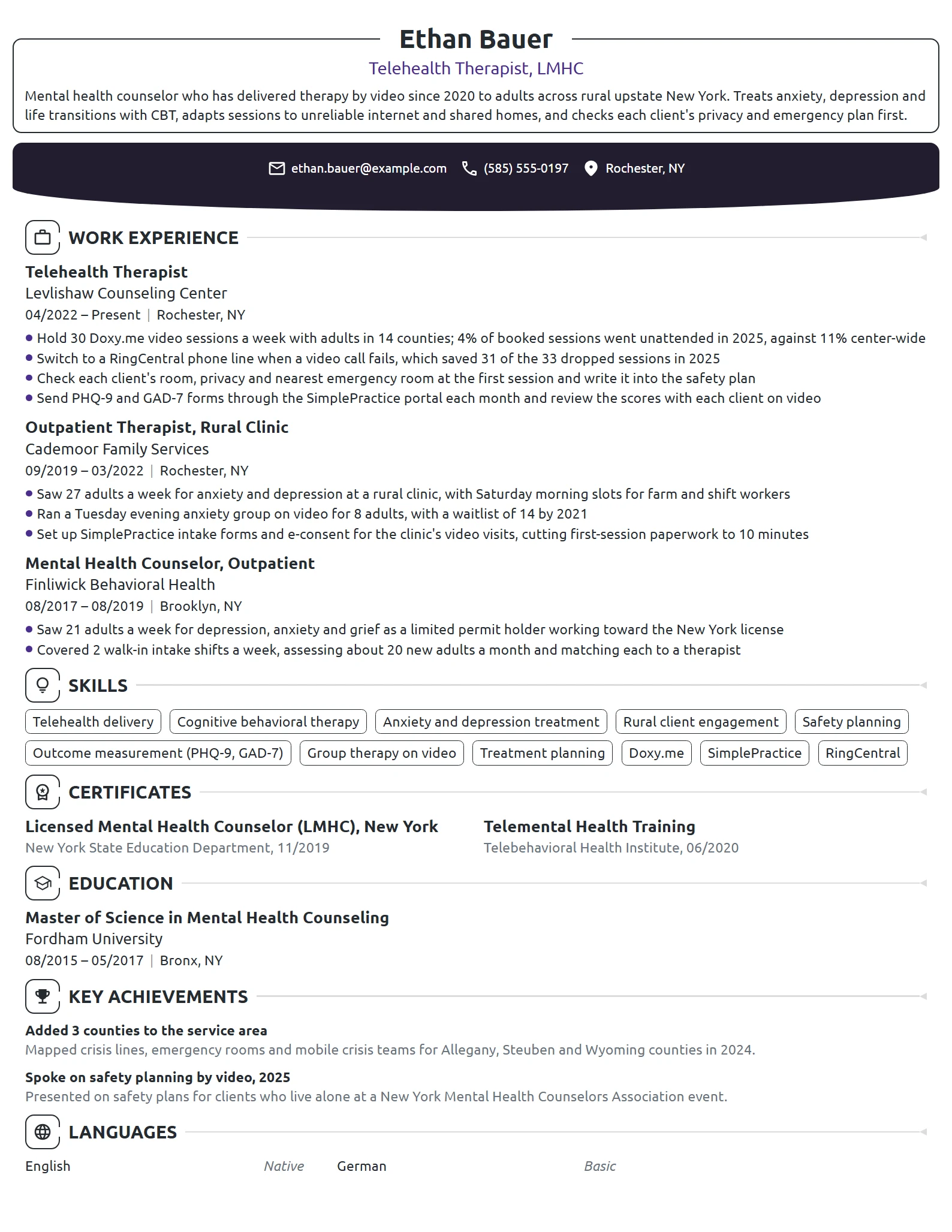 Telehealth Therapist resume example