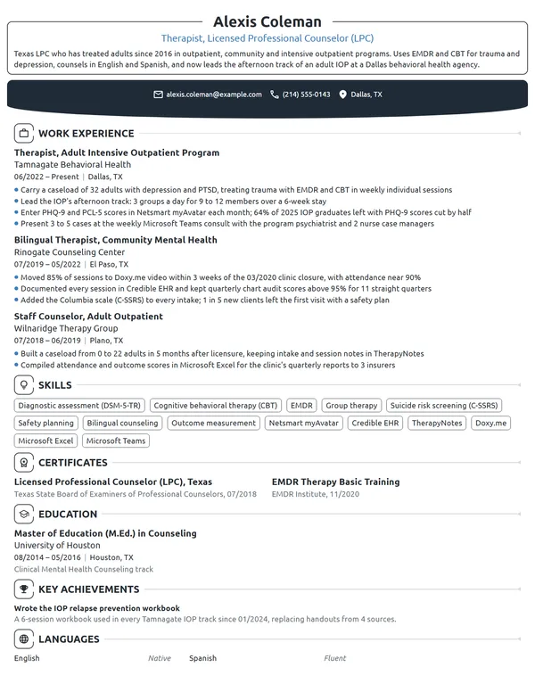 Therapist resume example