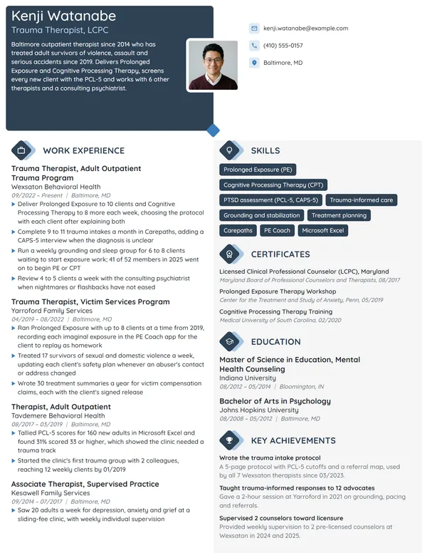 Trauma Therapist resume example