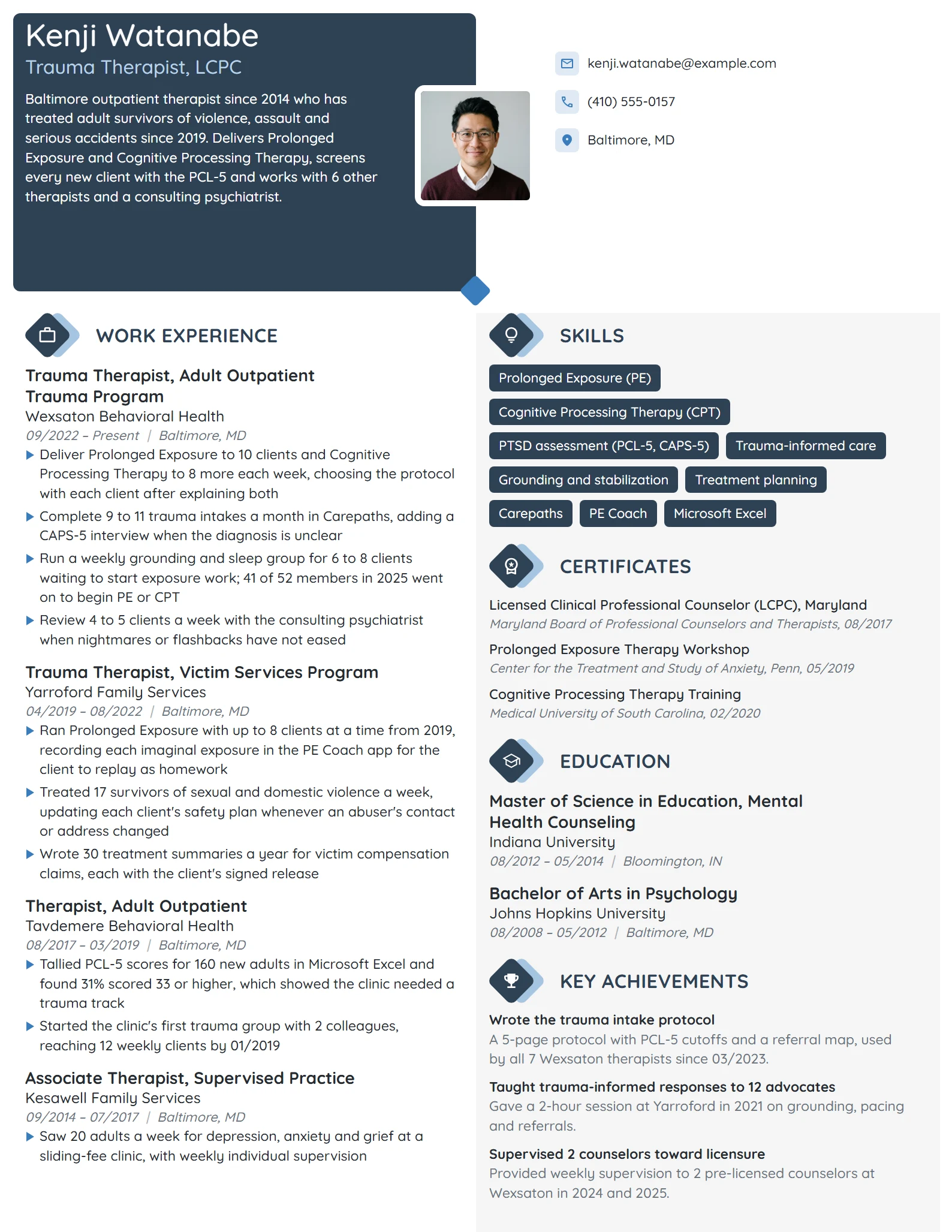 Trauma Therapist resume example