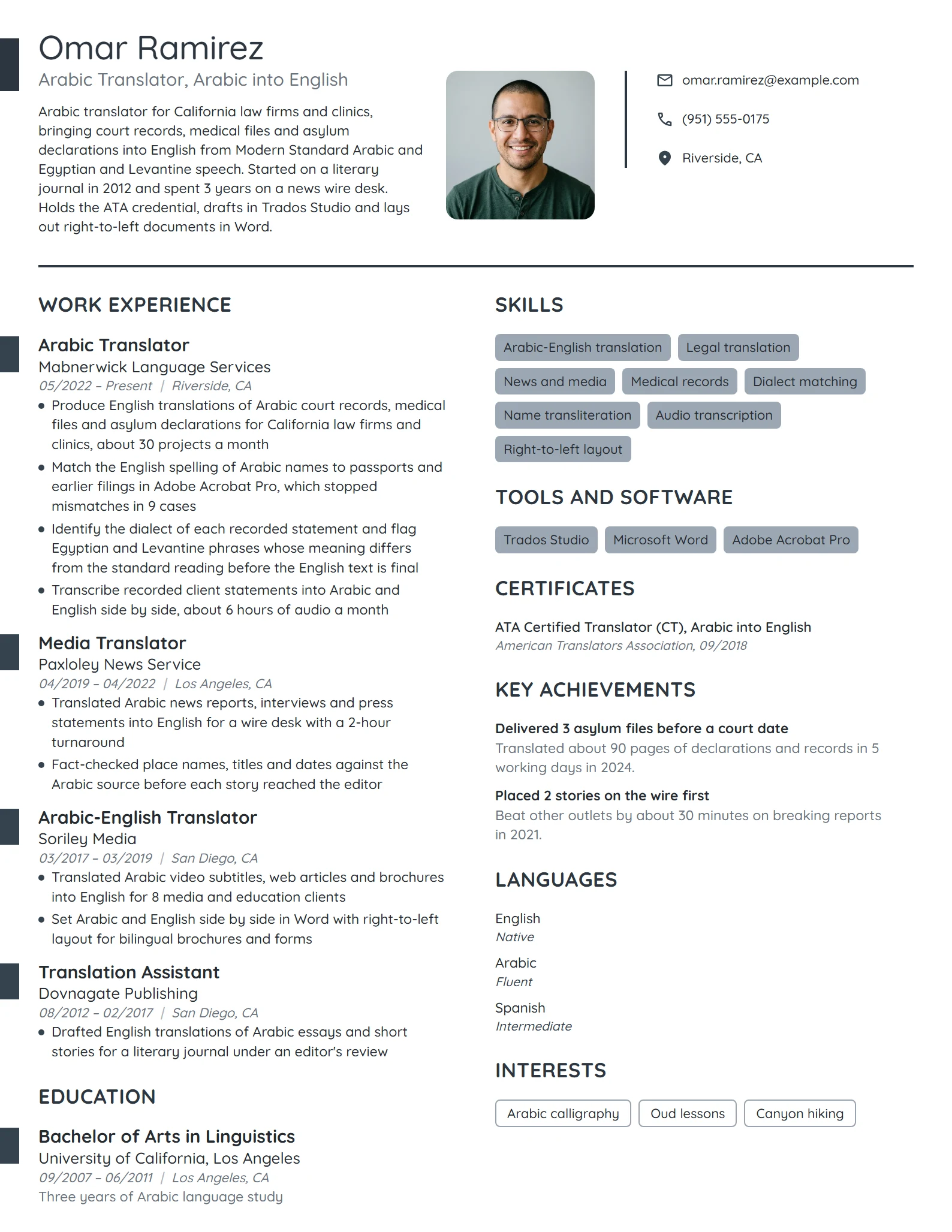 Arabic Translator resume example