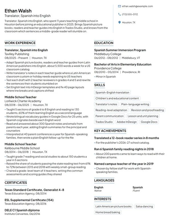 Career Change Translator resume example