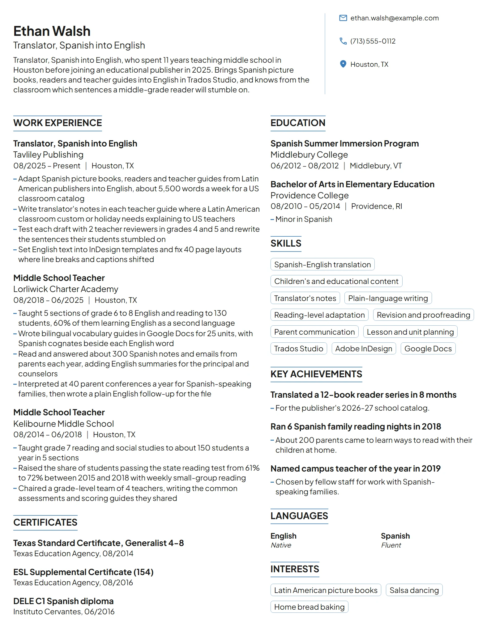 Career Change Translator resume example
