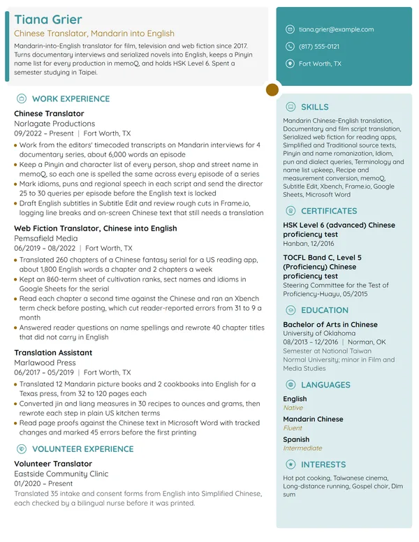 Chinese Translator resume example