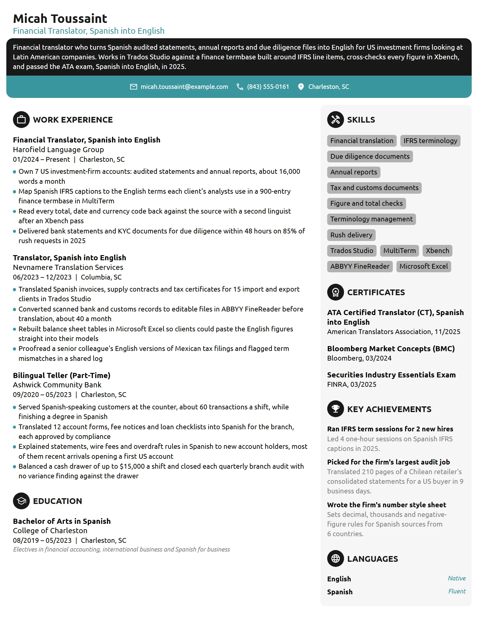 Financial Translator resume example