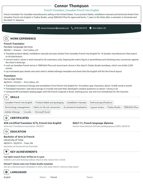 French Translator resume example