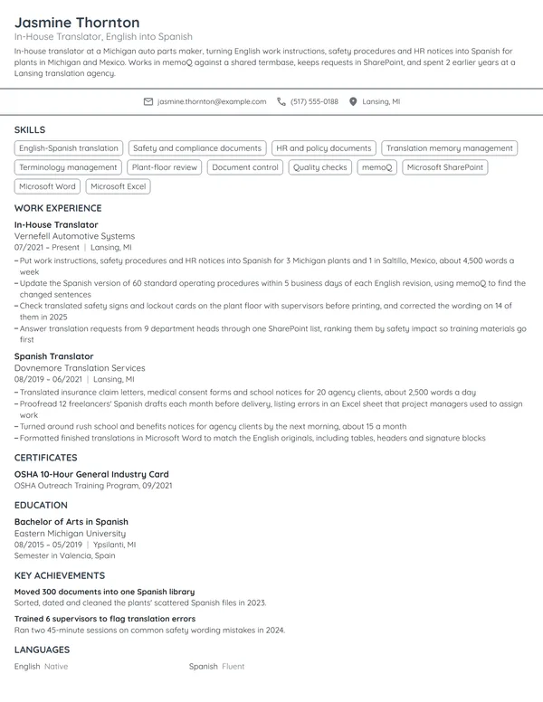 In-House Translator resume example