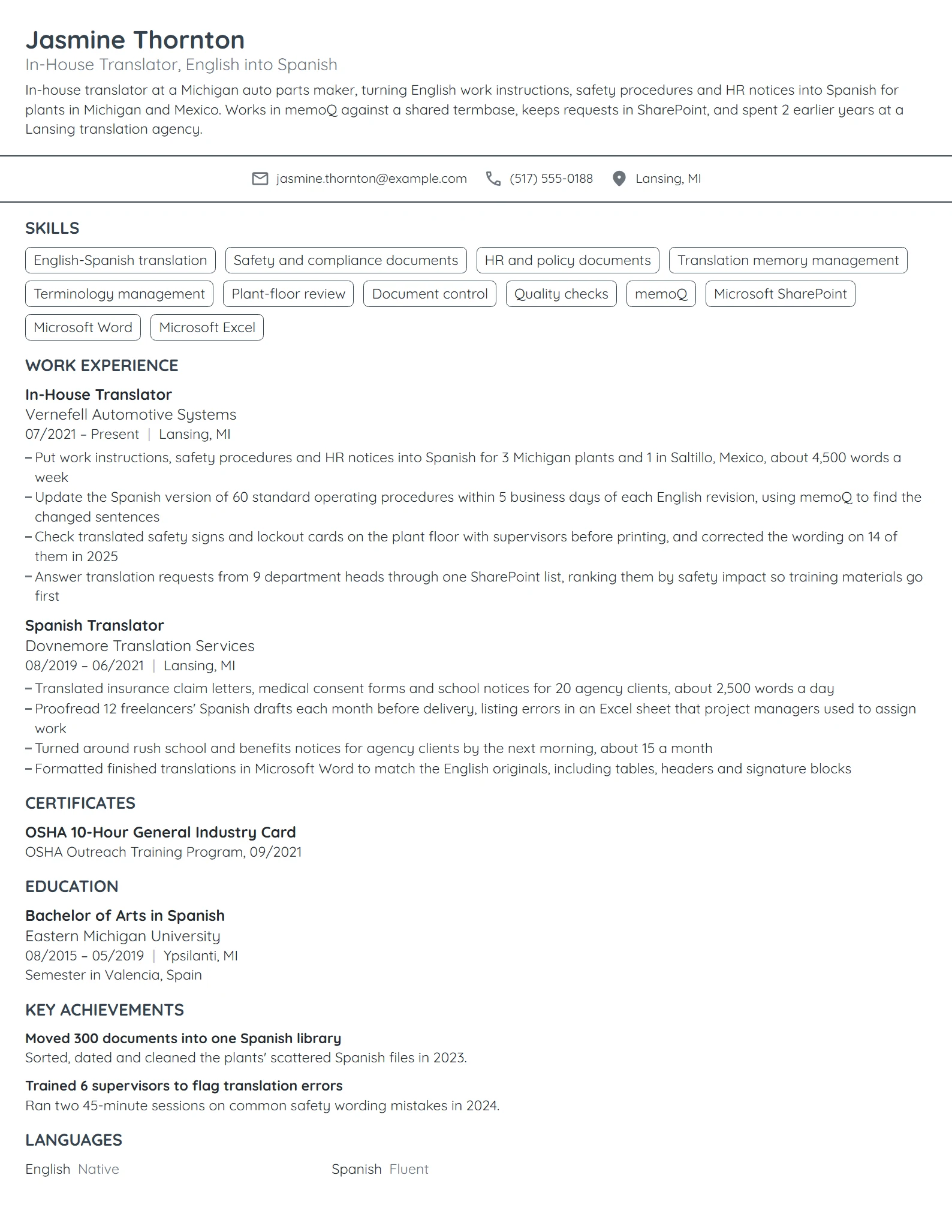 In-House Translator resume example