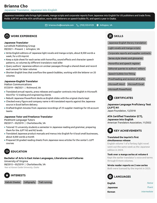 Japanese Translator resume example