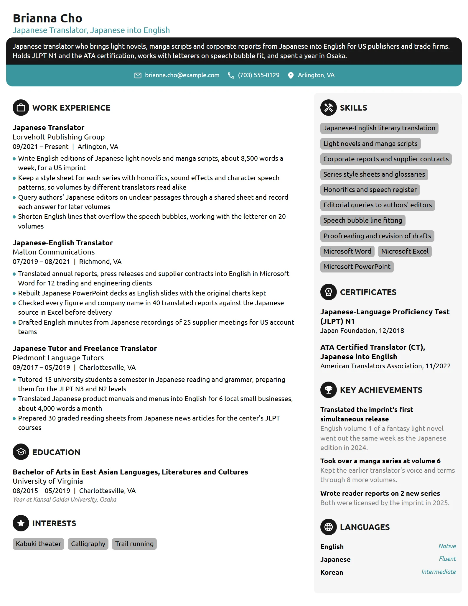 Japanese Translator resume example