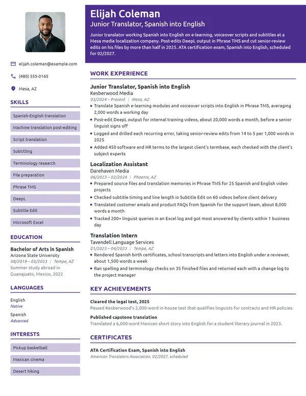 Junior Translator resume example