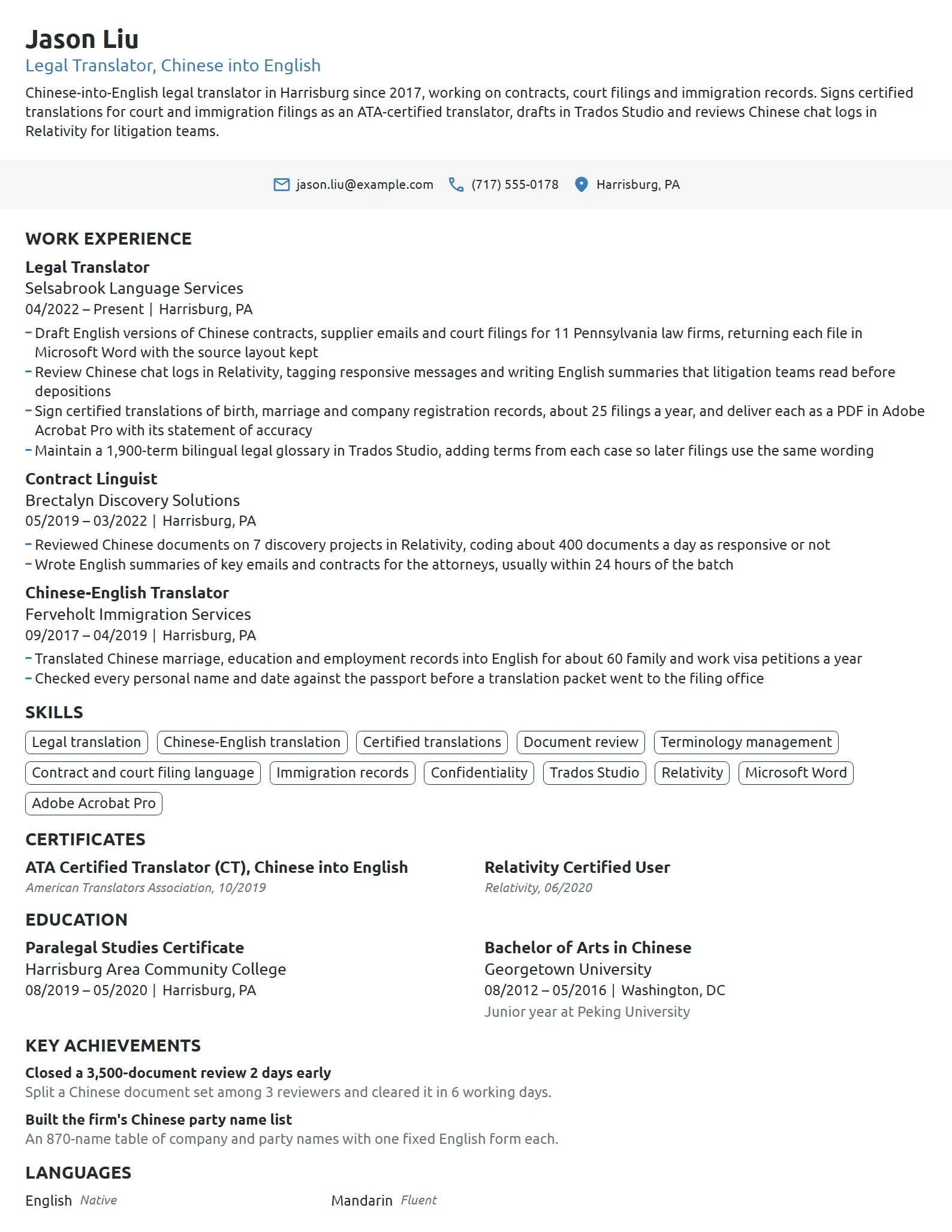 Legal Translator resume example