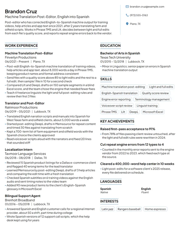 Machine Translation Post-Editor resume example