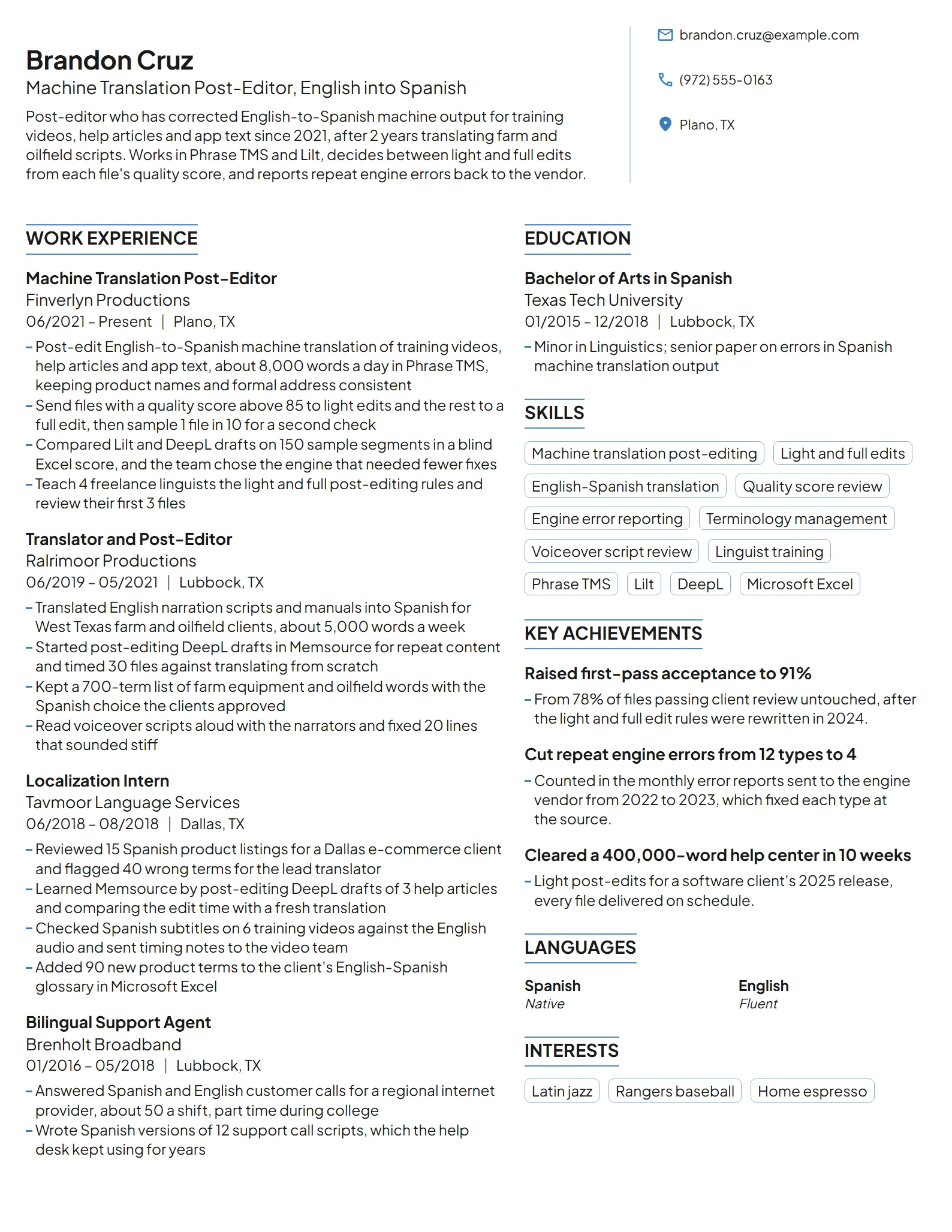 Machine Translation Post-Editor resume example